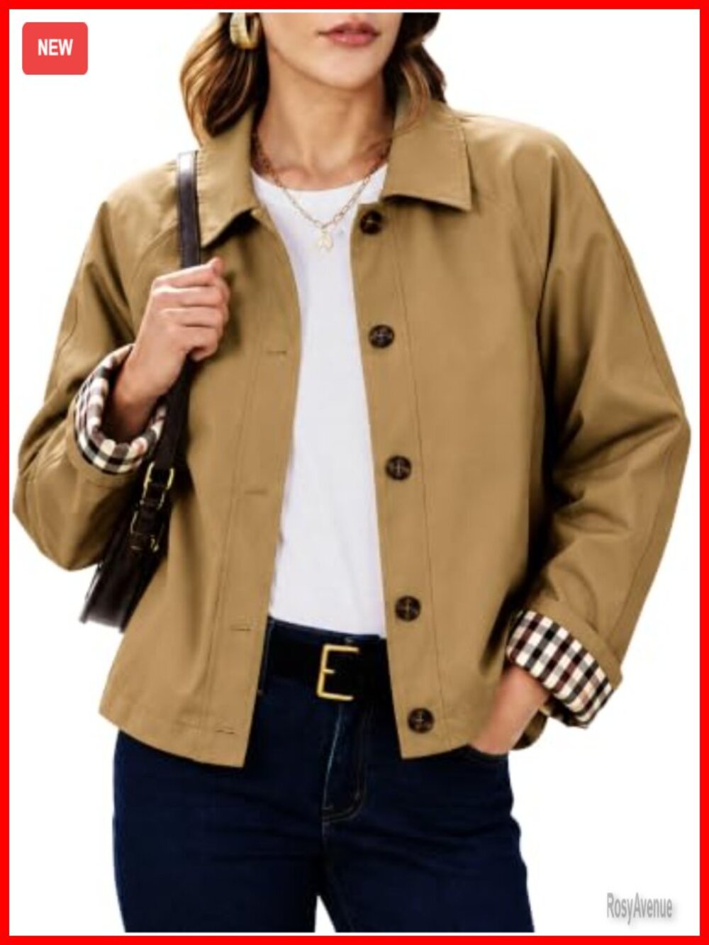 Oversize Cropped Trench Coat with Plaid Lining & Pockets